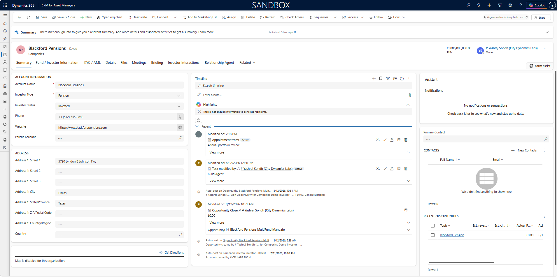Investor 360 record in Dynamics 365
